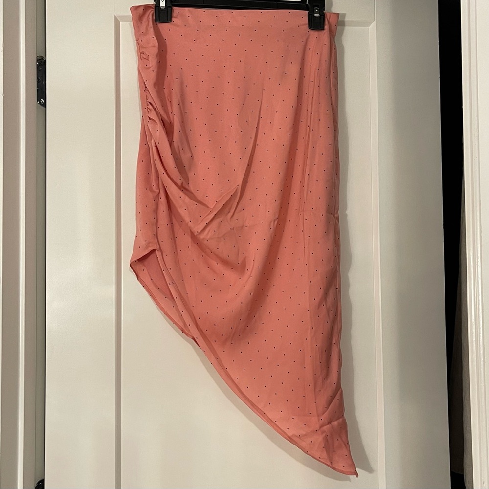 BCBGeneration Watermelon Pink Polka Dot Ruched Slip Asymmetric Skirt
